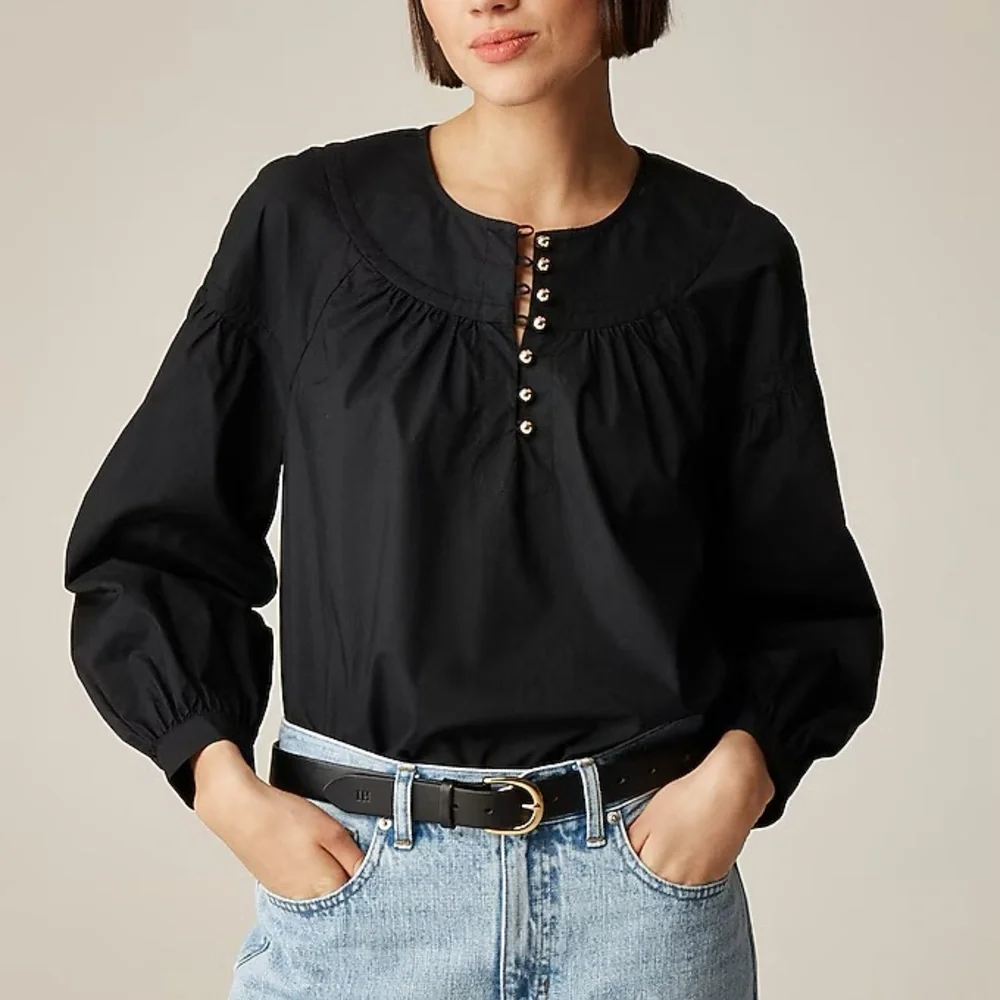 NWT J. Crew Shirred Popover Long Sleeve Cotton Poplin Top in White‎